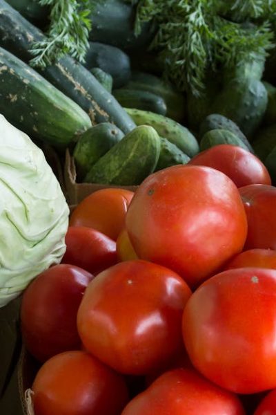 Vibrant display of organic vegetables including tomatoes, cabbages, and more at a North Carolina market.