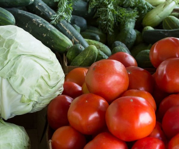 Vibrant display of organic vegetables including tomatoes, cabbages, and more at a North Carolina market.