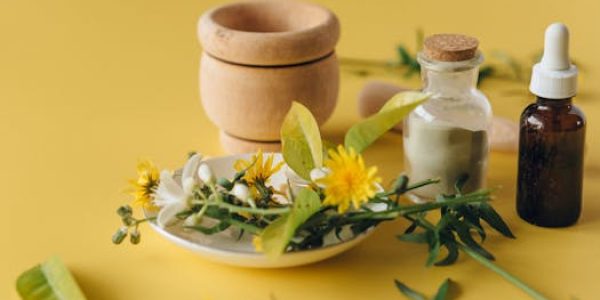 A collection of herbal remedies and natural ingredients on a yellow background, symbolizing holistic health.